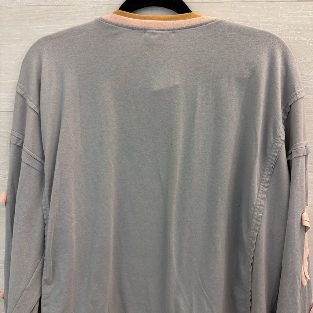 Natural Fiber Quality Grey/ Pink/ Brown Patchwork Star Sleeve Top Large