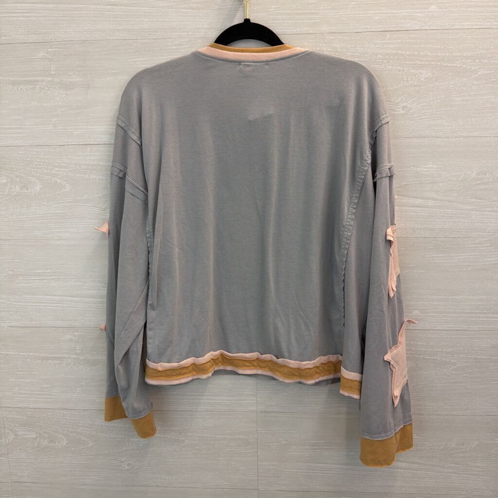 Natural Fiber Quality Grey/ Pink/ Brown Patchwork Star Sleeve Top Large