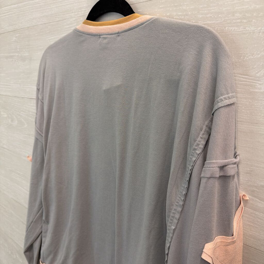 Natural Fiber Quality Grey/ Pink/ Brown Patchwork Star Sleeve Top Large