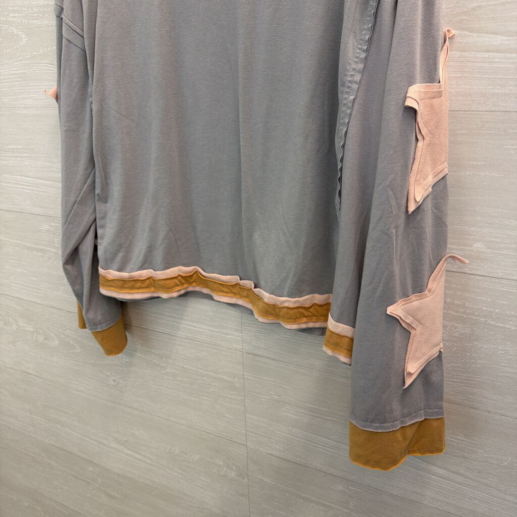 Natural Fiber Quality Grey/ Pink/ Brown Patchwork Star Sleeve Top Large