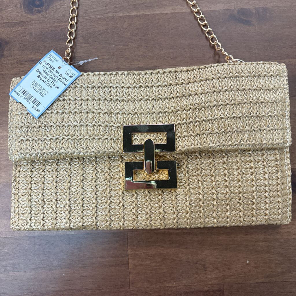 Brown Woven Straw Gold Detail Crossbody Purse