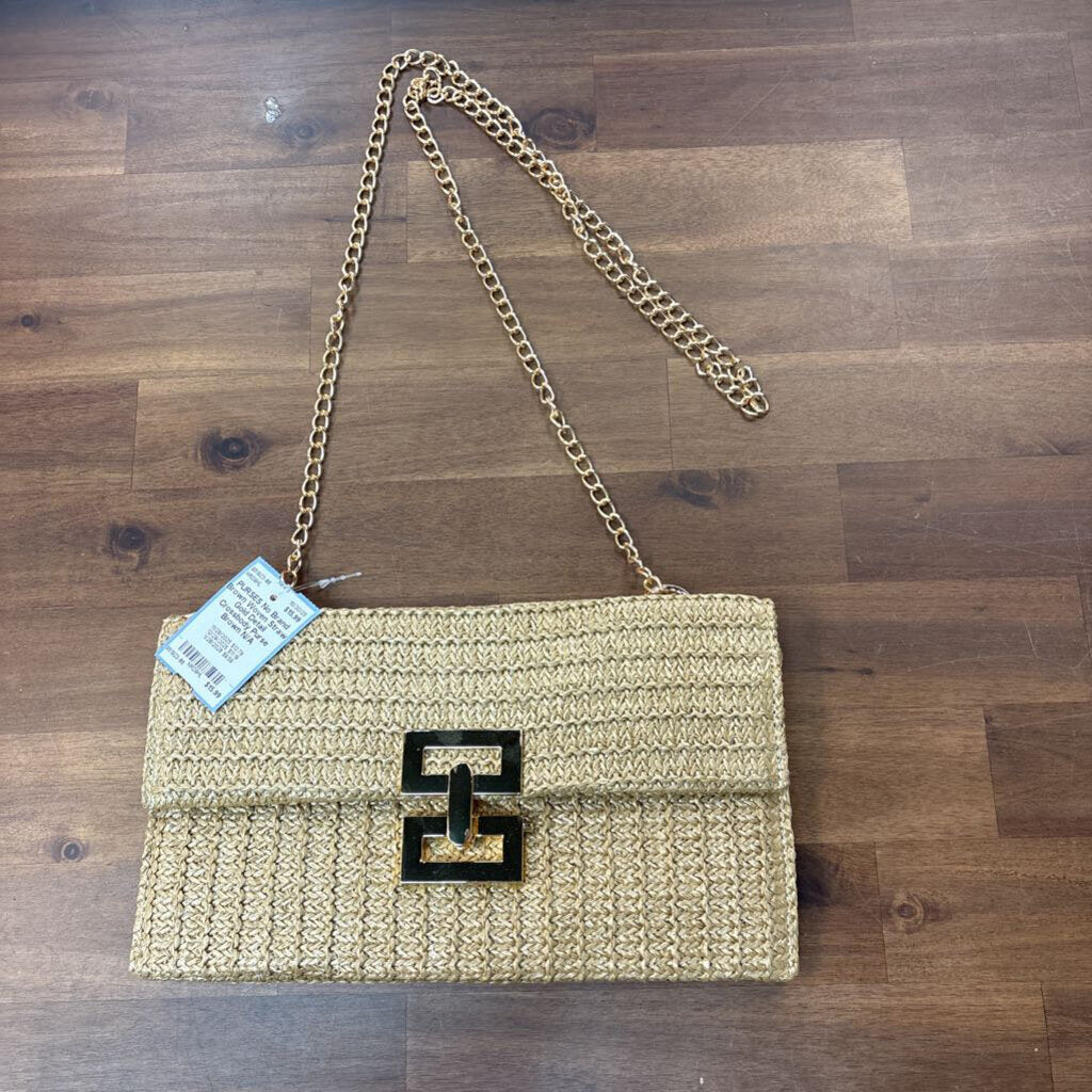Brown Woven Straw Gold Detail Crossbody Purse