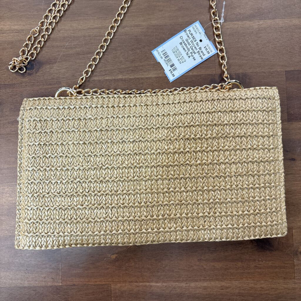 Brown Woven Straw Gold Detail Crossbody Purse