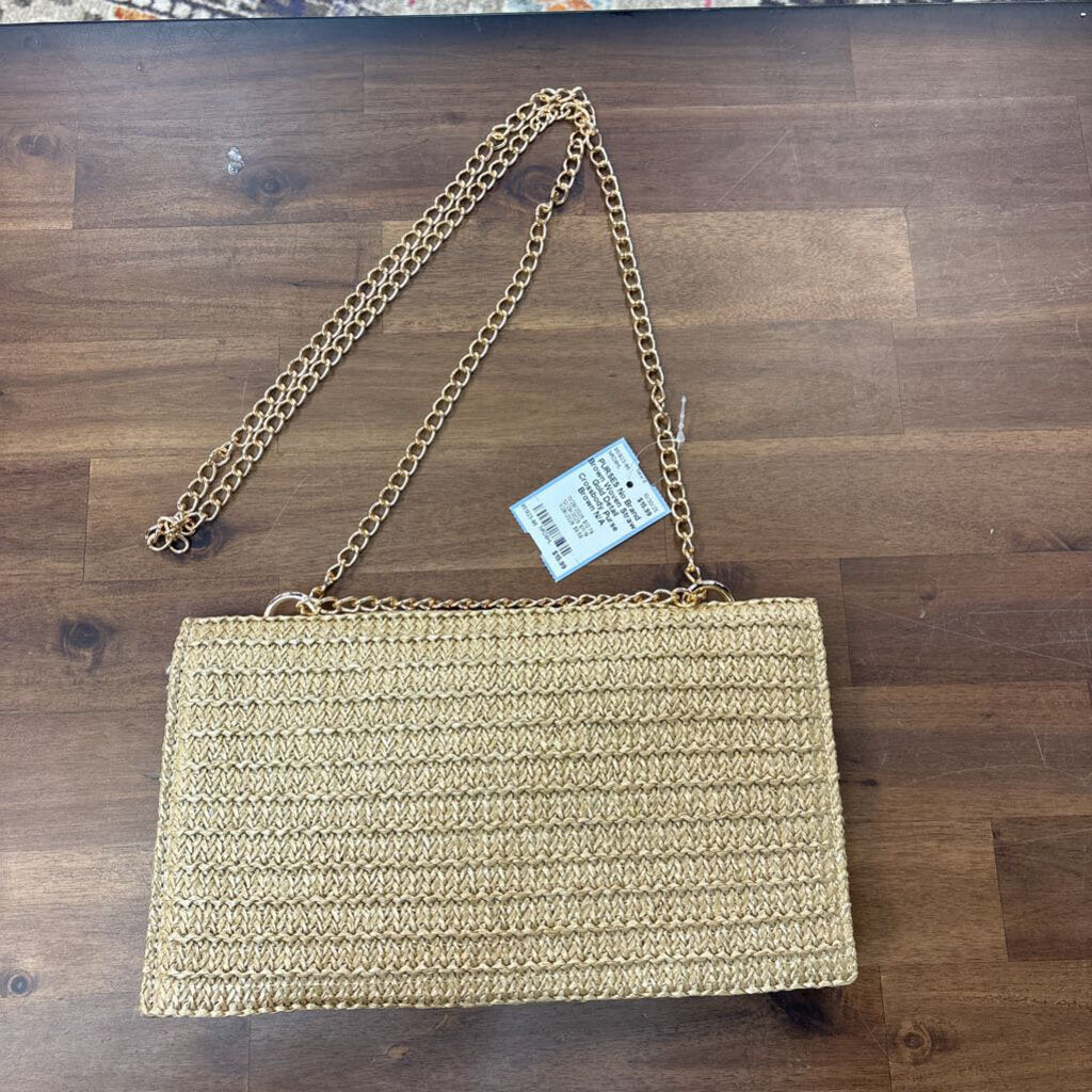 Brown Woven Straw Gold Detail Crossbody Purse