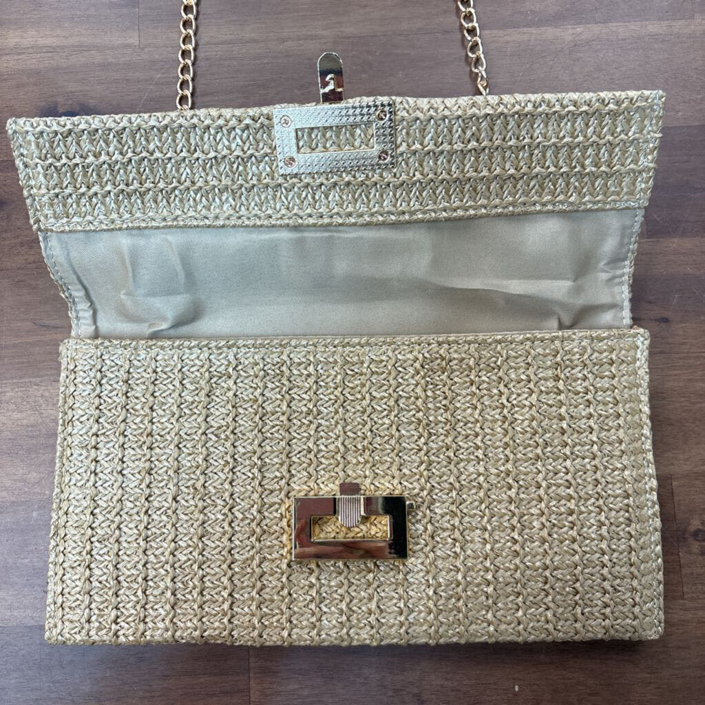 Brown Woven Straw Gold Detail Crossbody Purse