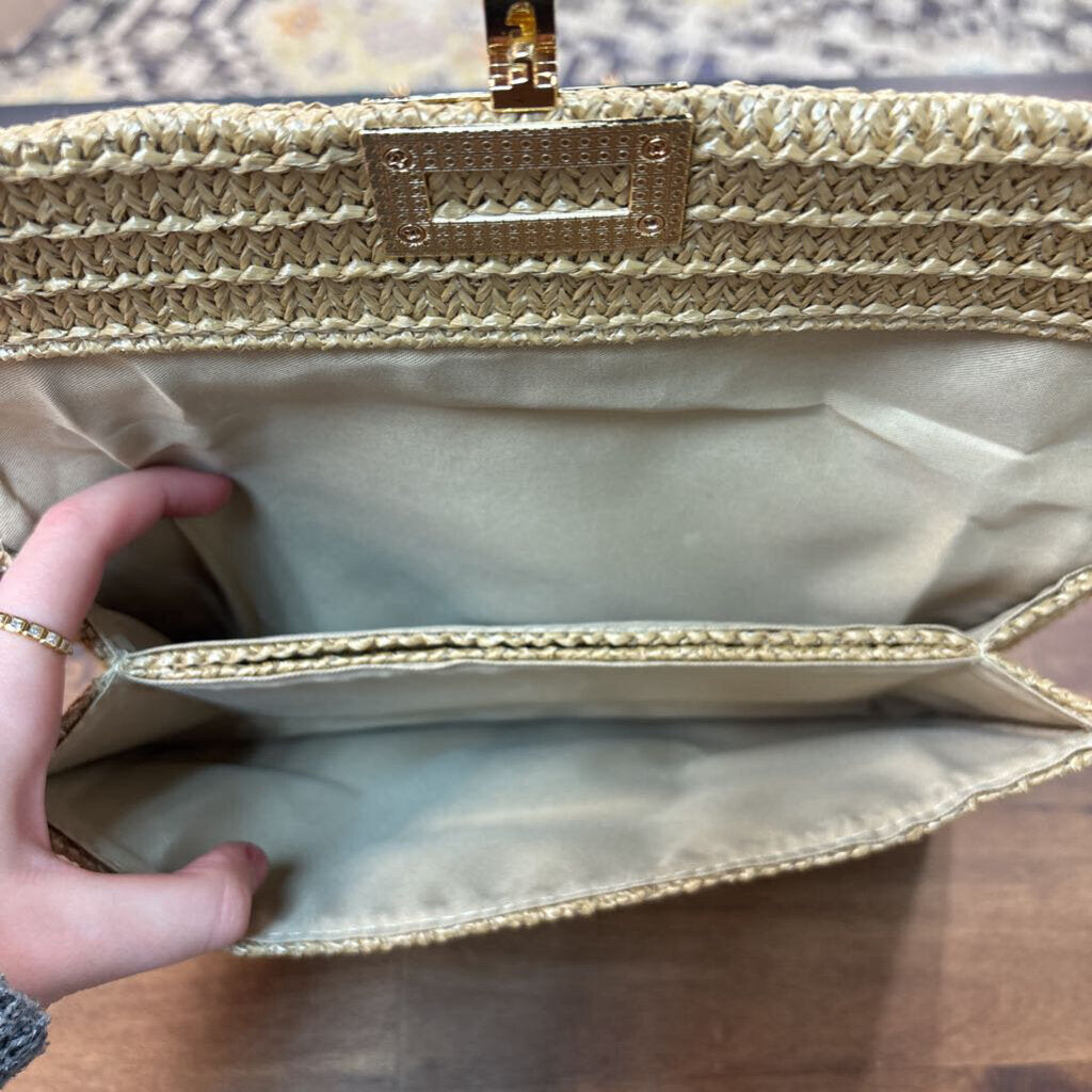 Brown Woven Straw Gold Detail Crossbody Purse