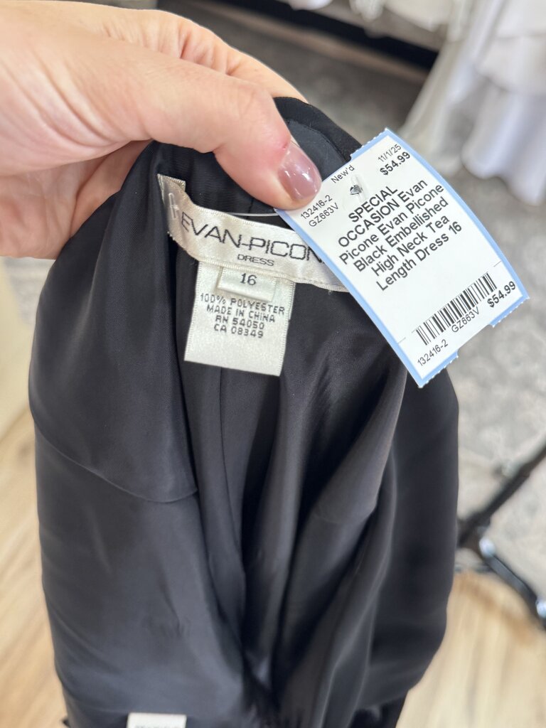 Evan Picone Black Embellished High Neck Tea Length Dress 16