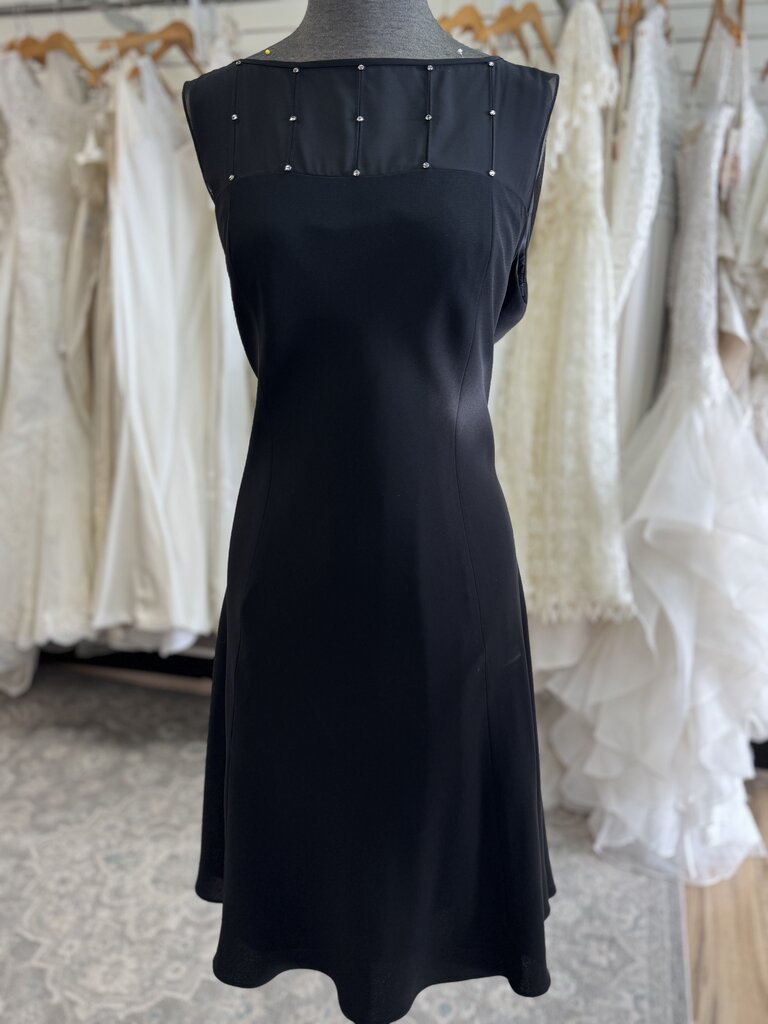 Evan Picone Black Embellished High Neck Tea Length Dress 16