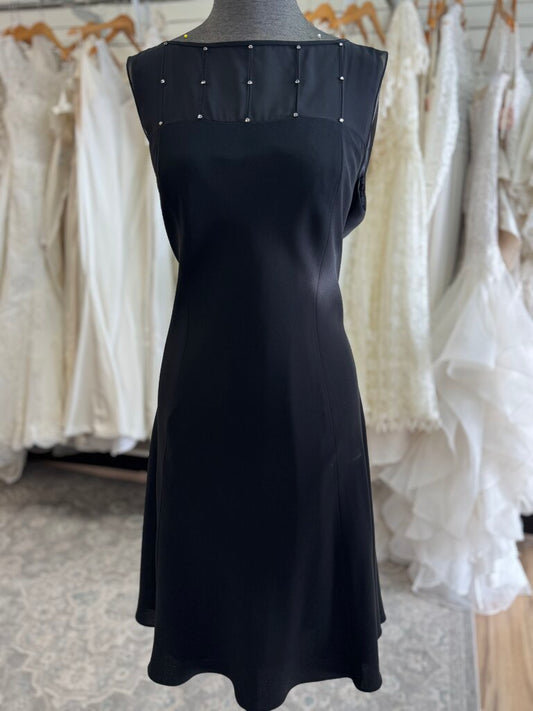 Evan Picone Black Embellished High Neck Tea Length Dress 16