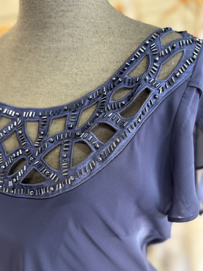 SL Fashions Navy Short Sleeve Tea Length Dress 16