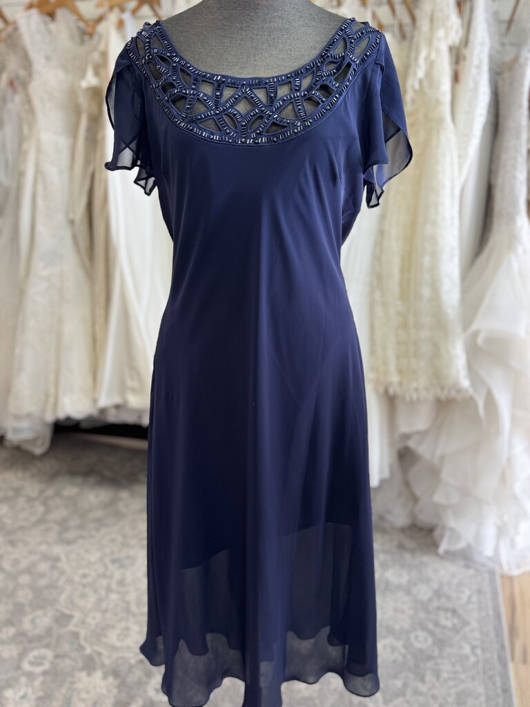 SL Fashions Navy Short Sleeve Tea Length Dress 16