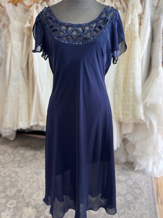 SL Fashions Navy Short Sleeve Tea Length Dress 16