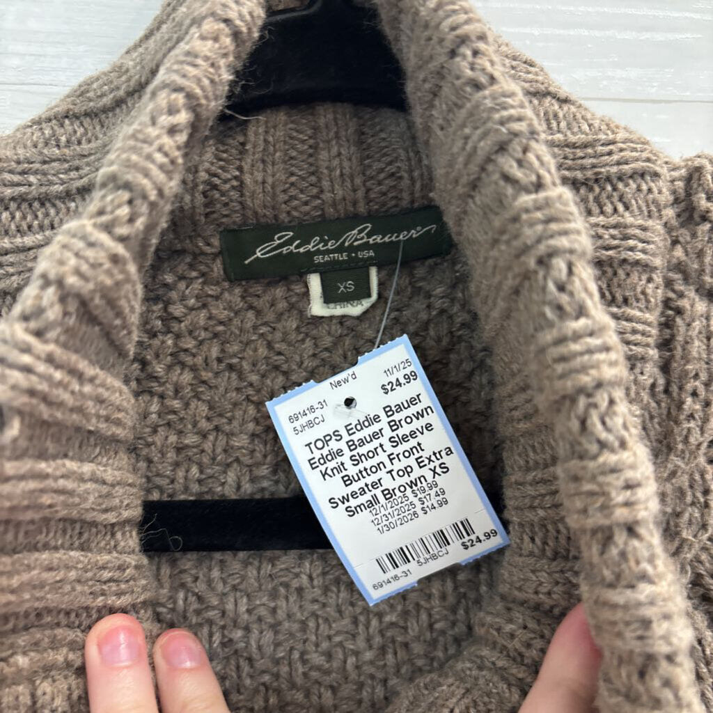 Eddie Bauer Brown Knit Short Sleeve Button Front Sweater Top Extra Small