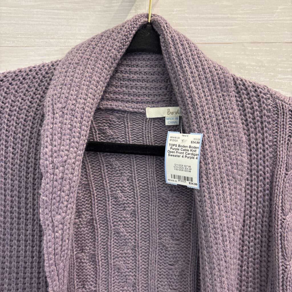 Boden Purple Cable Knit Open Front Cardigan Sweater 4