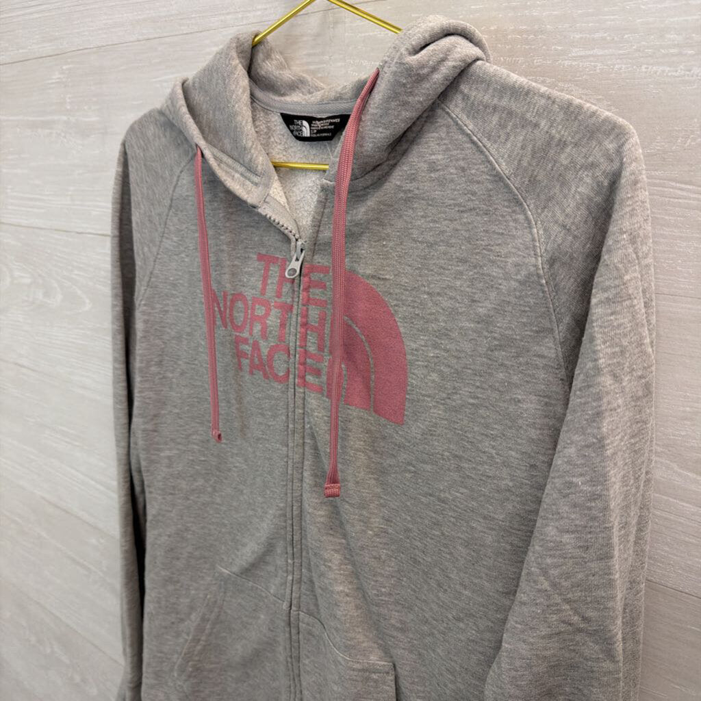The North Face Grey/ Pink Logo Zip Up Hoodie Small