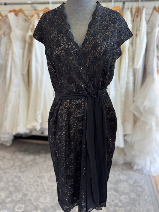 Alex Evenings Black/ Beige Sequin Lace Tie Waist Short Formal Dress 8