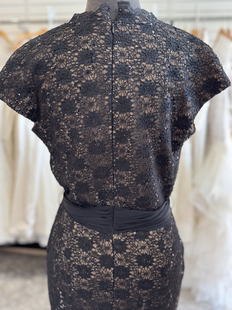 Alex Evenings Black/ Beige Sequin Lace Tie Waist Short Formal Dress 8