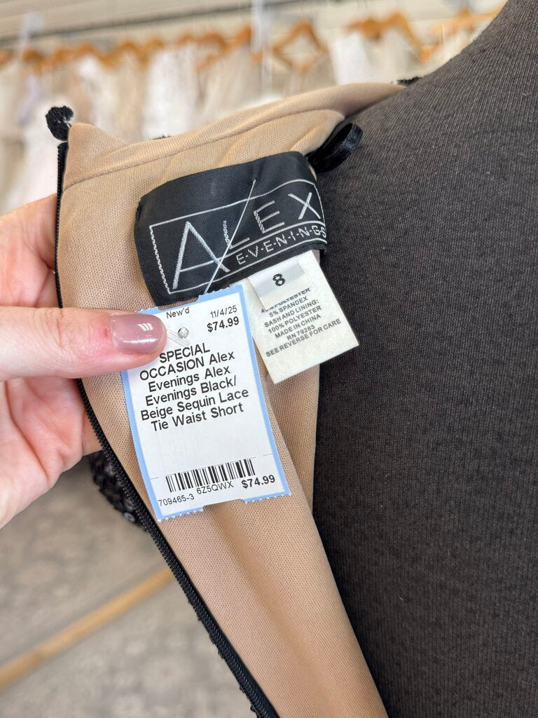 Alex Evenings Black/ Beige Sequin Lace Tie Waist Short Formal Dress 8