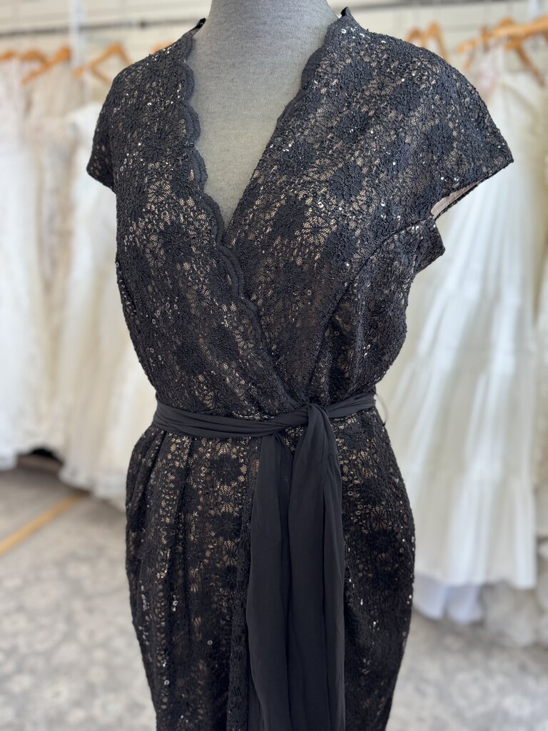 Alex Evenings Black/ Beige Sequin Lace Tie Waist Short Formal Dress 8