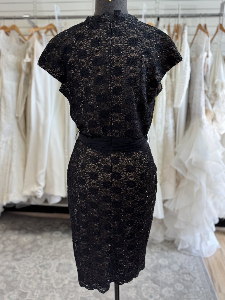 Alex Evenings Black/ Beige Sequin Lace Tie Waist Short Formal Dress 8