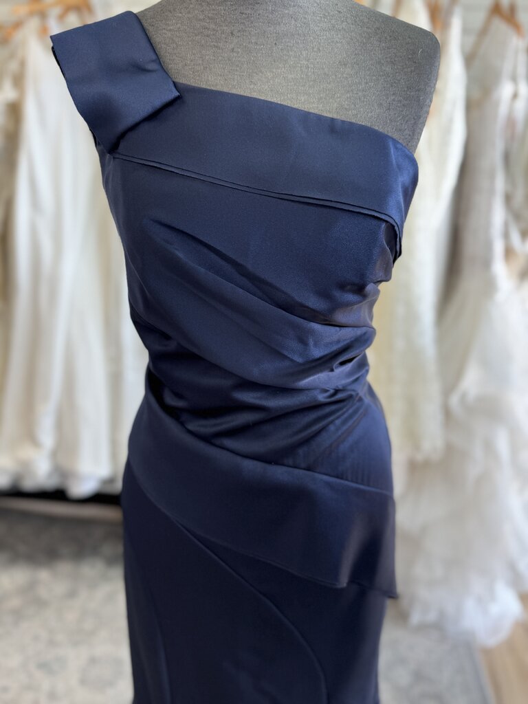 White by Vera Wang Navy One Shoulder Long Formal Dress 8
