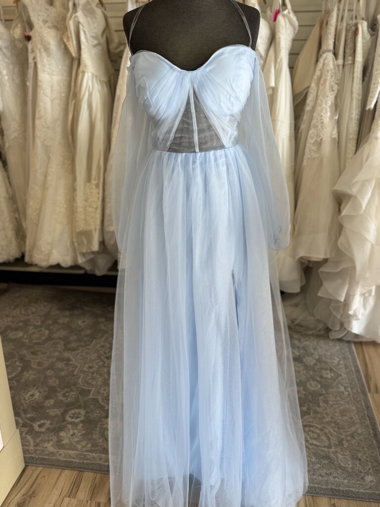 Blue Tulle Long Sleeve Long Formal Dress 18