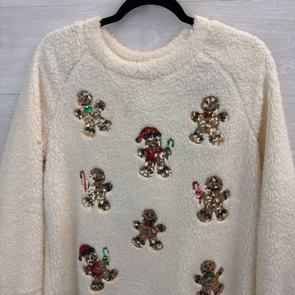 Como Vintage White Soft Sequin Gingerbread Long Sleeve Sweater Top Medium