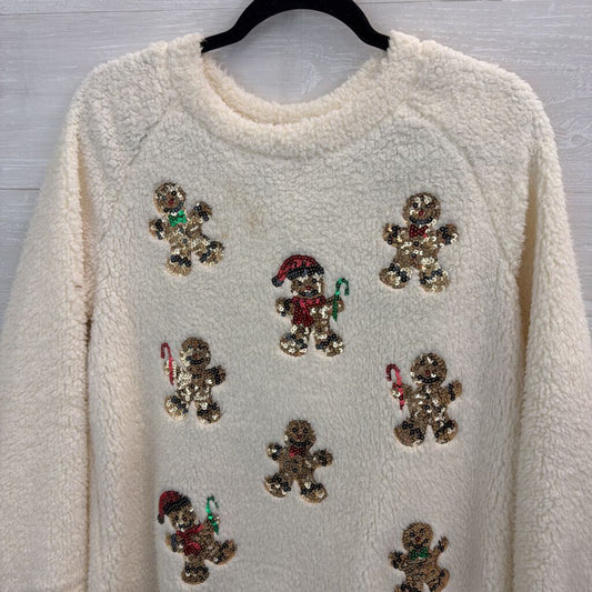 Como Vintage White Soft Sequin Gingerbread Long Sleeve Sweater Top Medium