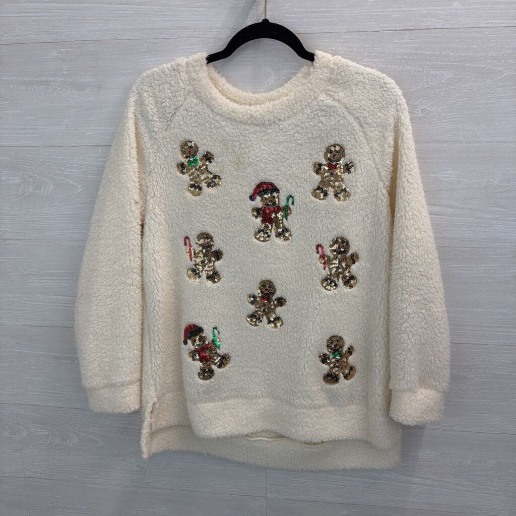 Como Vintage White Soft Sequin Gingerbread Long Sleeve Sweater Top Medium