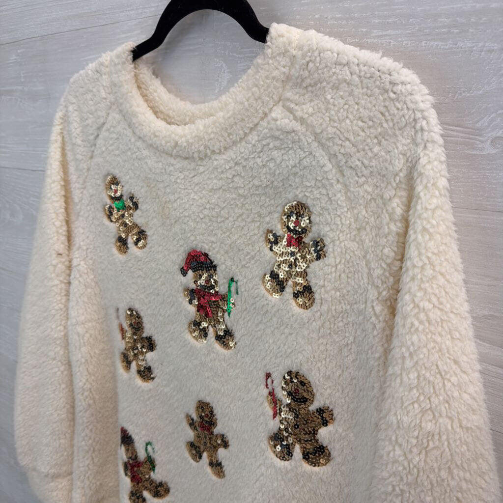 Como Vintage White Soft Sequin Gingerbread Long Sleeve Sweater Top Medium