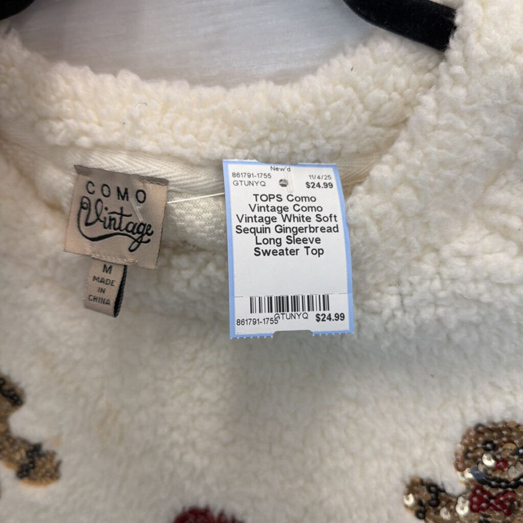 Como Vintage White Soft Sequin Gingerbread Long Sleeve Sweater Top Medium
