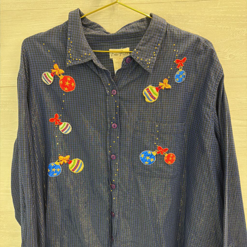 Vintage Bobbie Brooks Blue Ornament Patchwork Long Sleeve Button Down Top 26W/ 28W