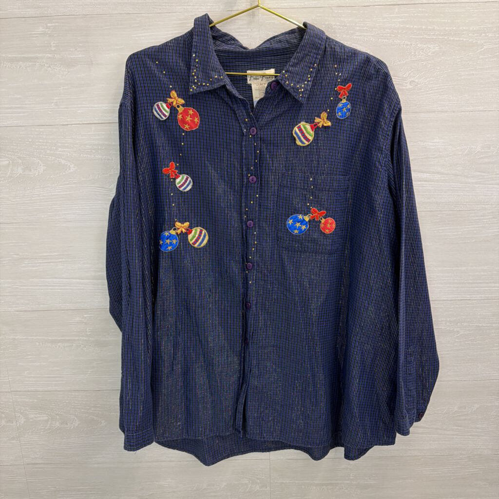 Vintage Bobbie Brooks Blue Ornament Patchwork Long Sleeve Button Down Top 26W/ 28W