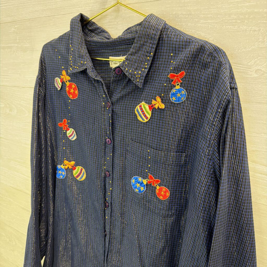 Vintage Bobbie Brooks Blue Ornament Patchwork Long Sleeve Button Down Top 26W/ 28W