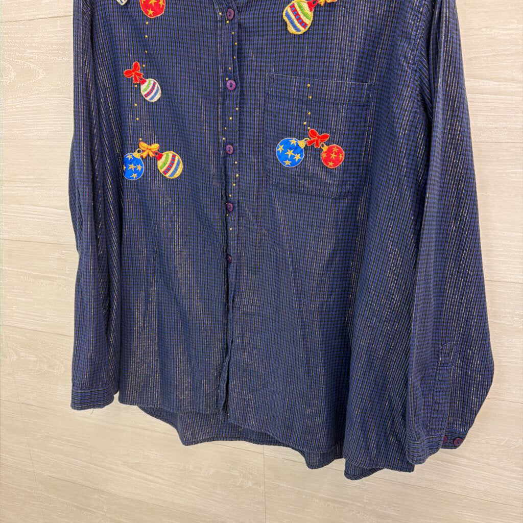 Vintage Bobbie Brooks Blue Ornament Patchwork Long Sleeve Button Down Top 26W/ 28W