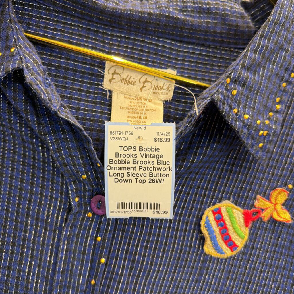 Vintage Bobbie Brooks Blue Ornament Patchwork Long Sleeve Button Down Top 26W/ 28W