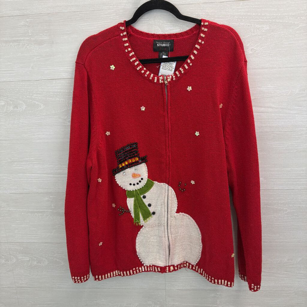 Vintage Designers Originals Red/ White Snowman Zip Up Sweater 2X