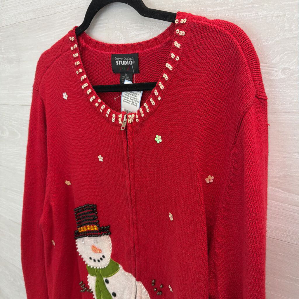 Vintage Designers Originals Red/ White Snowman Zip Up Sweater 2X