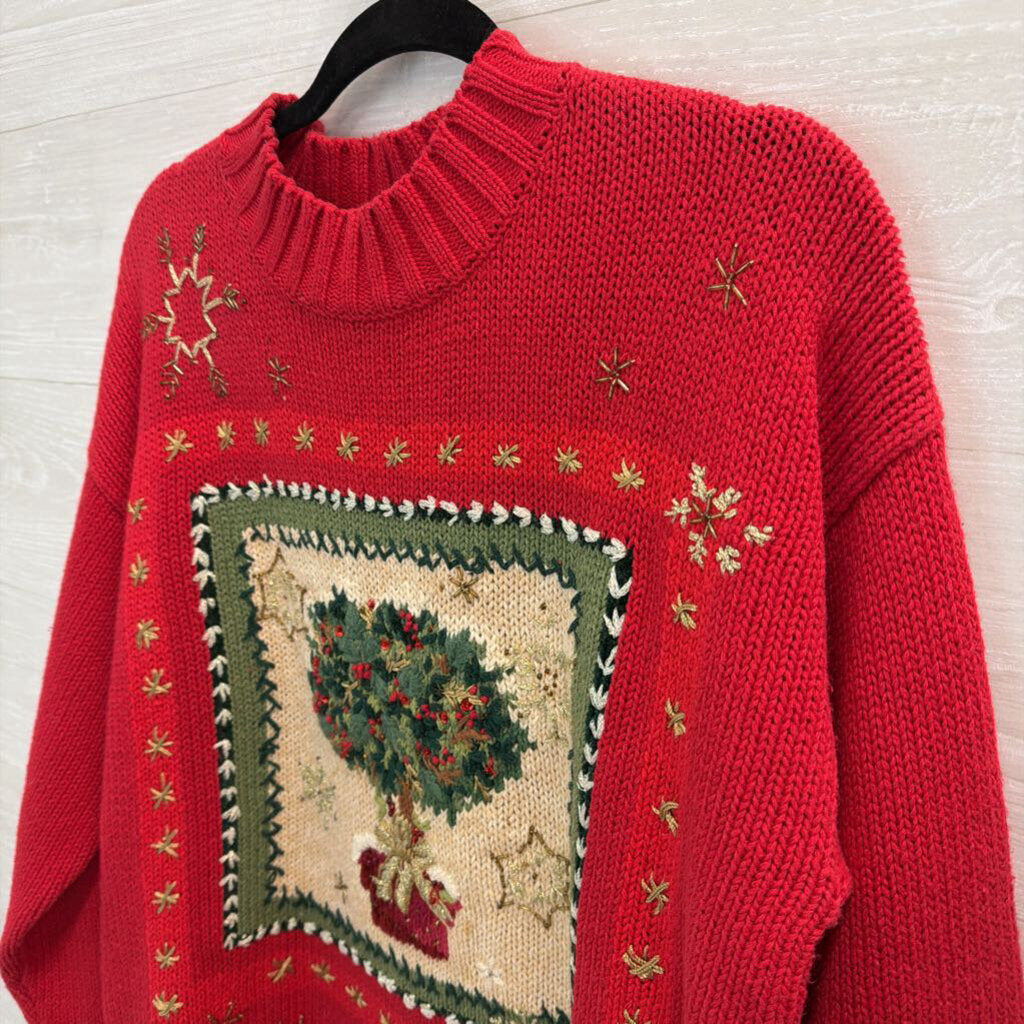 Vintage Tiara International Red/ Green Knit Holiday Tree Sweater Medium