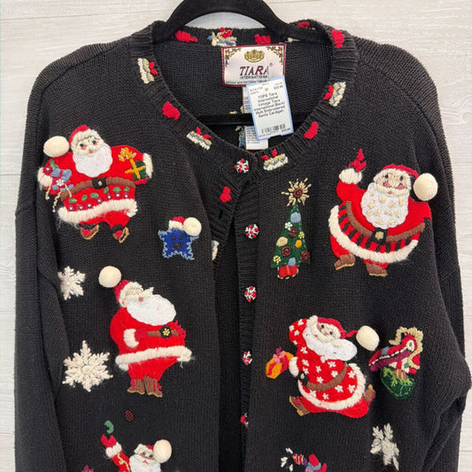Vintage Tiara International Black/ Multi Embroidered Santa Cardigan Sweater Extra Large