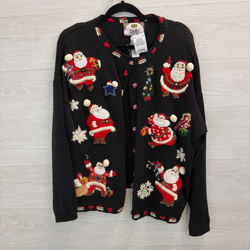 Vintage Tiara International Black/ Multi Embroidered Santa Cardigan Sweater Extra Large