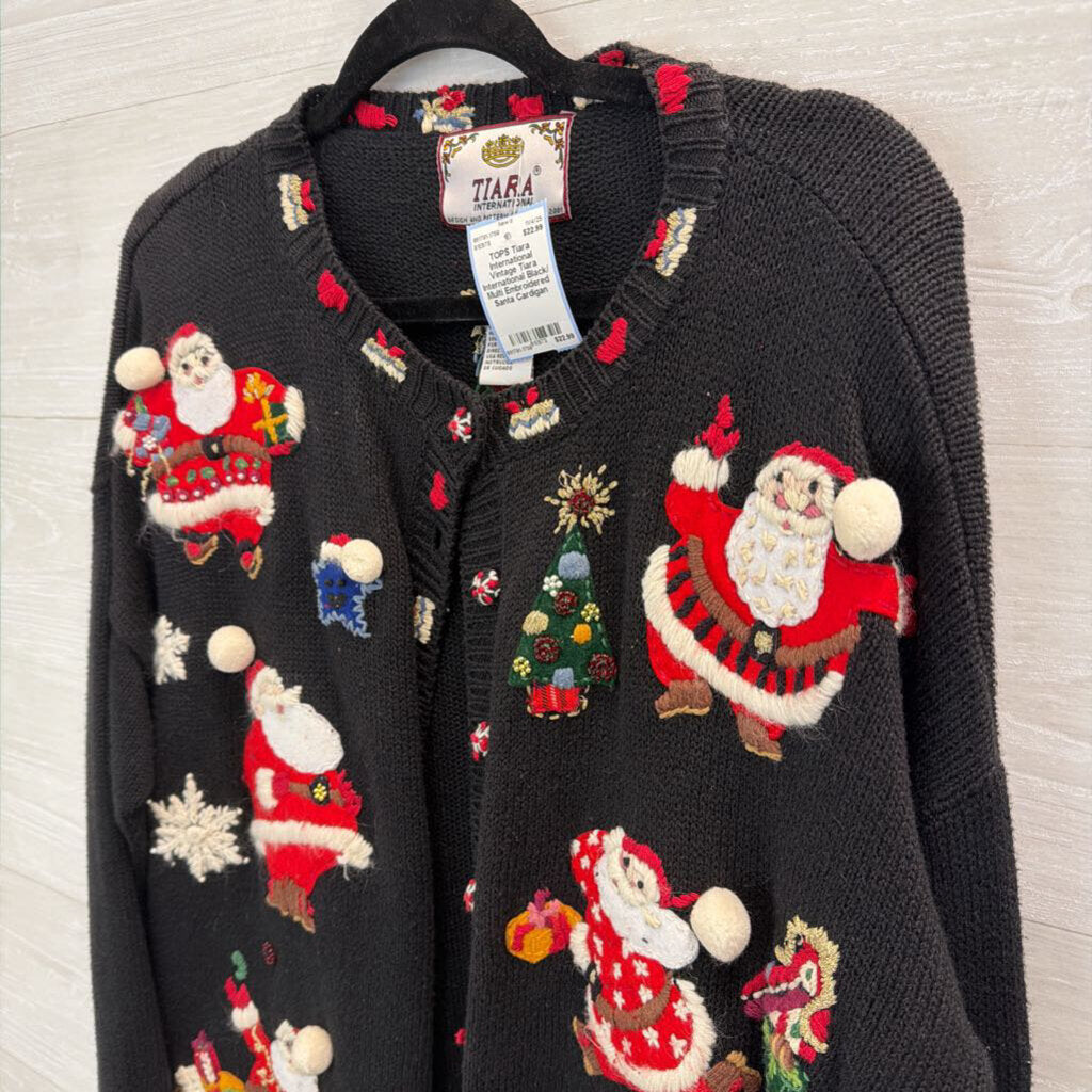 Vintage Tiara International Black/ Multi Embroidered Santa Cardigan Sweater Extra Large