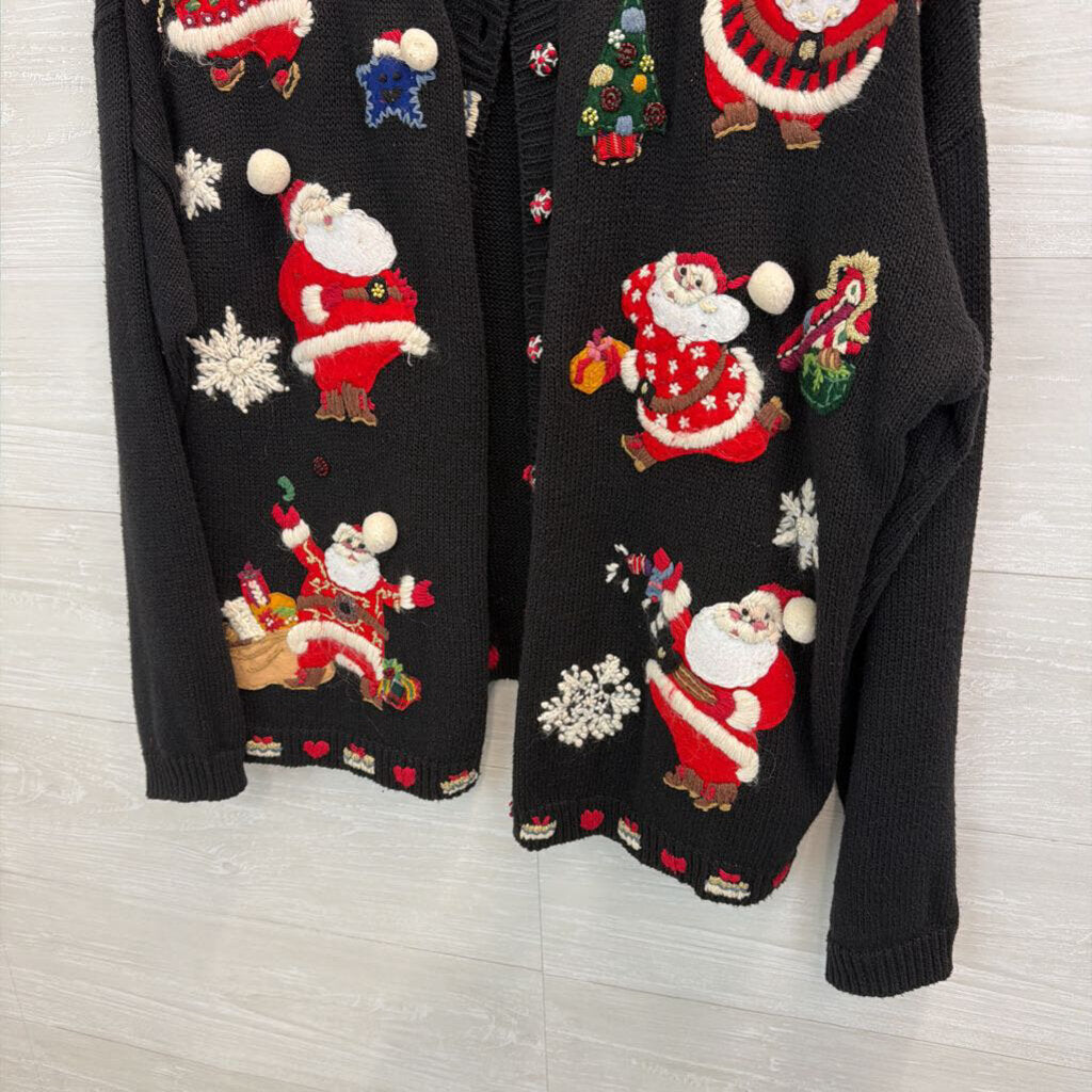 Vintage Tiara International Black/ Multi Embroidered Santa Cardigan Sweater Extra Large