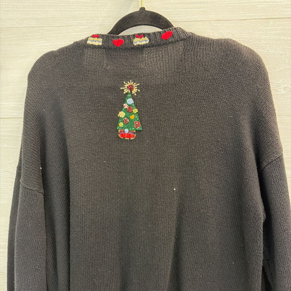 Vintage Tiara International Black/ Multi Embroidered Santa Cardigan Sweater Extra Large
