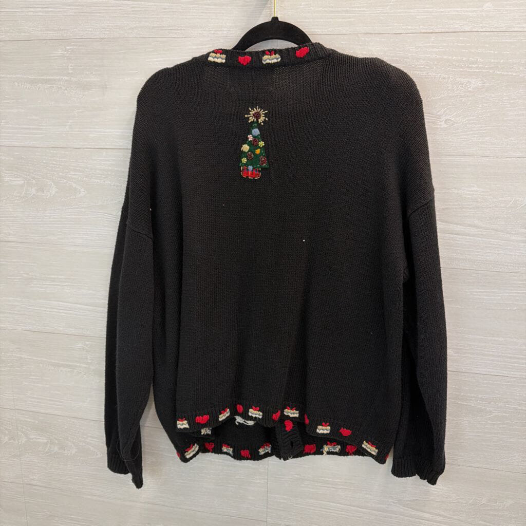 Vintage Tiara International Black/ Multi Embroidered Santa Cardigan Sweater Extra Large