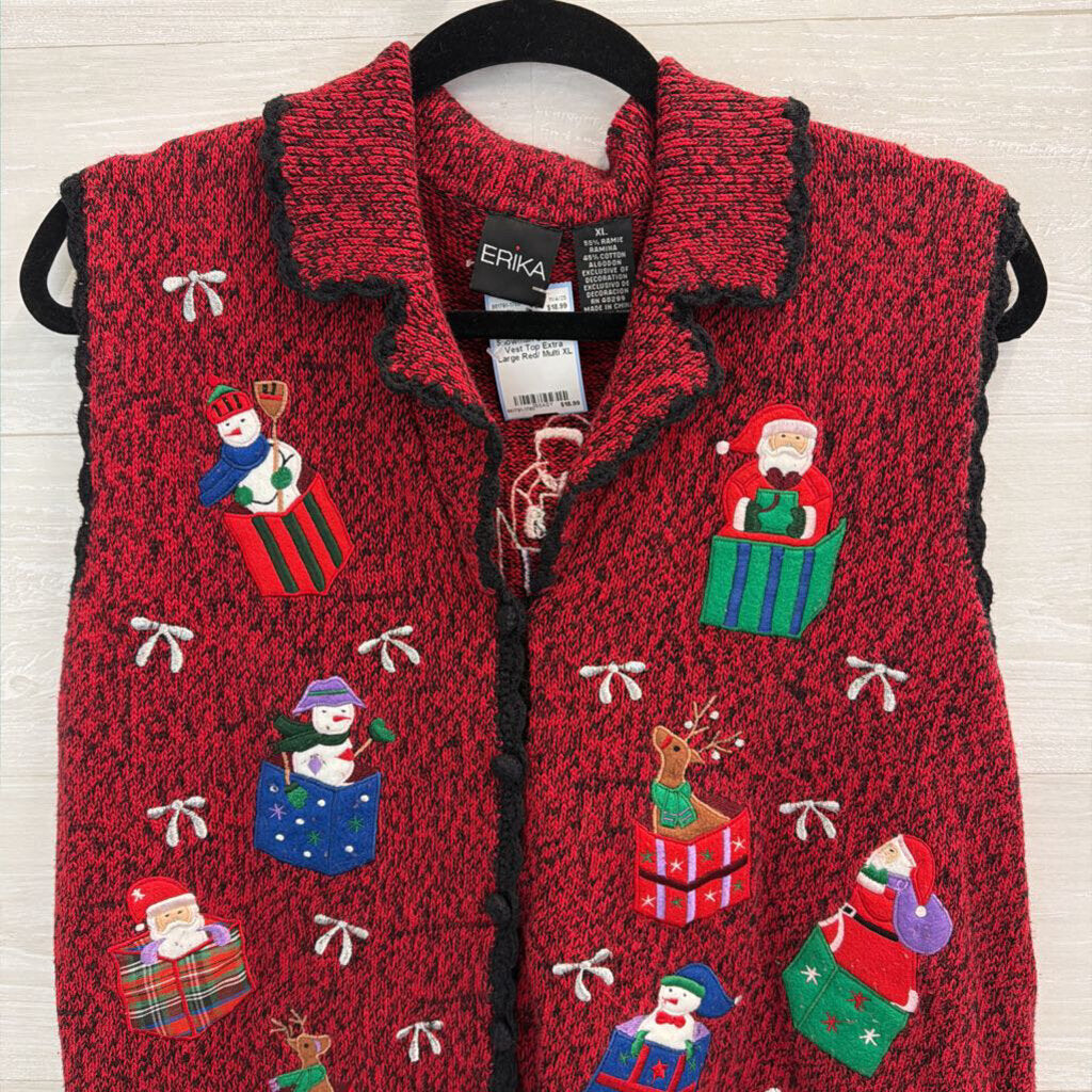 Vintage Erika Red/ Multi Snowman Sweater Vest Top Extra Large