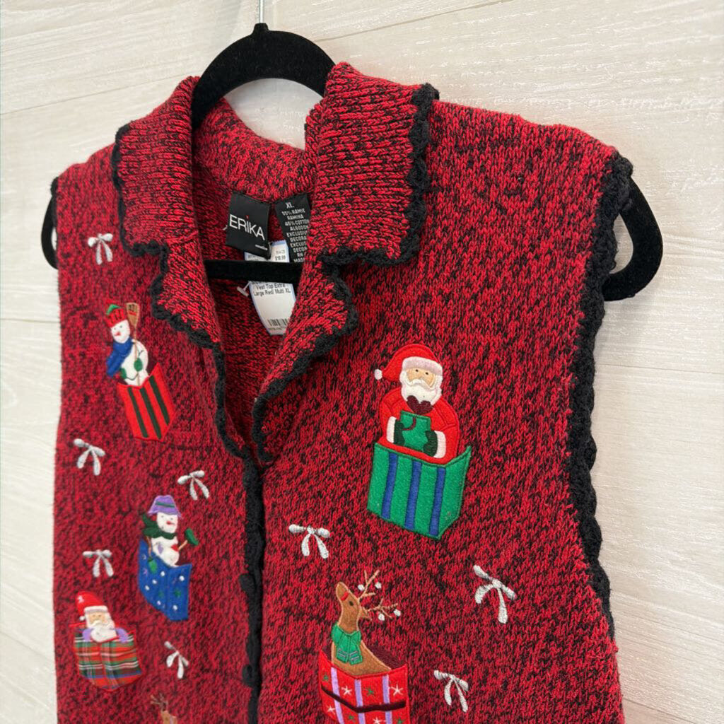 Vintage Erika Red/ Multi Snowman Sweater Vest Top Extra Large