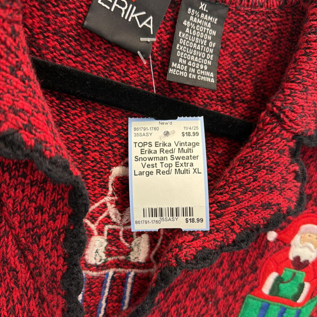Vintage Erika Red/ Multi Snowman Sweater Vest Top Extra Large