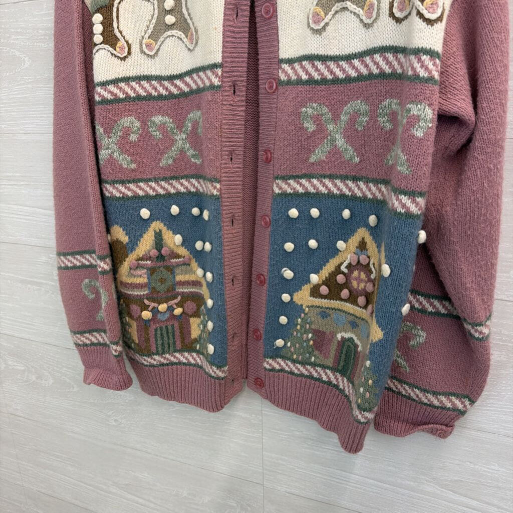 Vintage Alfred Dunner Pink/ Multi Knit Holiday Cardigan Sweater Medium