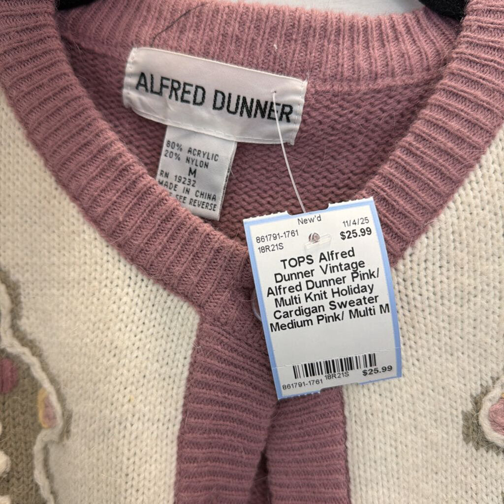 Vintage Alfred Dunner Pink/ Multi Knit Holiday Cardigan Sweater Medium